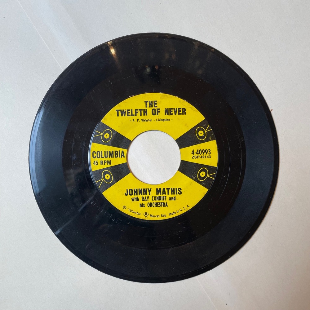 Johnny Mathis‎ 45 RPM Record The Twelfth Of Never Chances Are Columbia